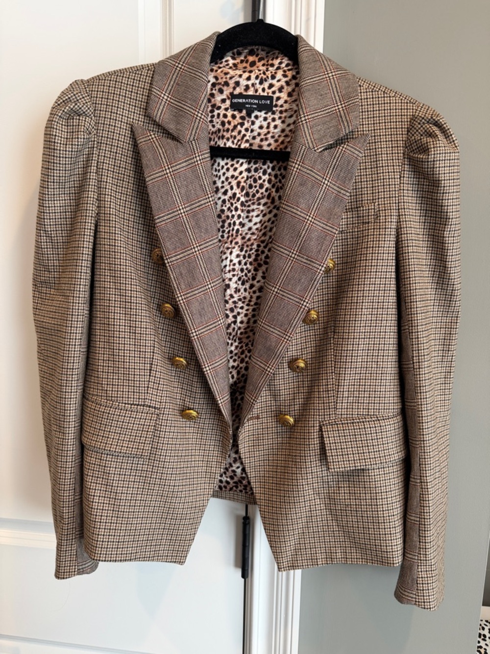 Generation Love Brown Plaid Double-Breasted Sport Coat with Gold Buttons
